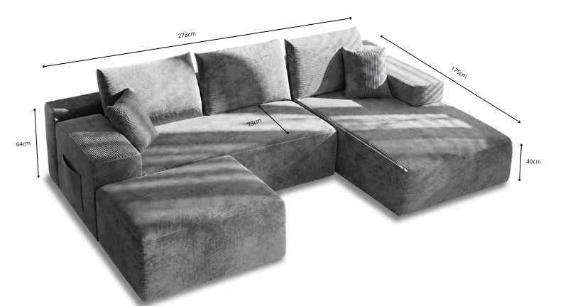 Divano Angolare Modulare 278 × 175cm | Velluto a Coste, Memory 35D
